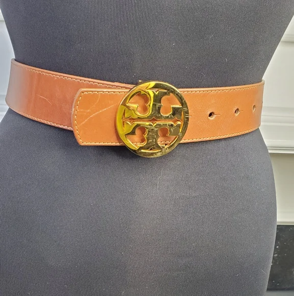 Tory Burch Camel Leather Belt with Gold Emblem Tory Burch Britten 1 main image 2